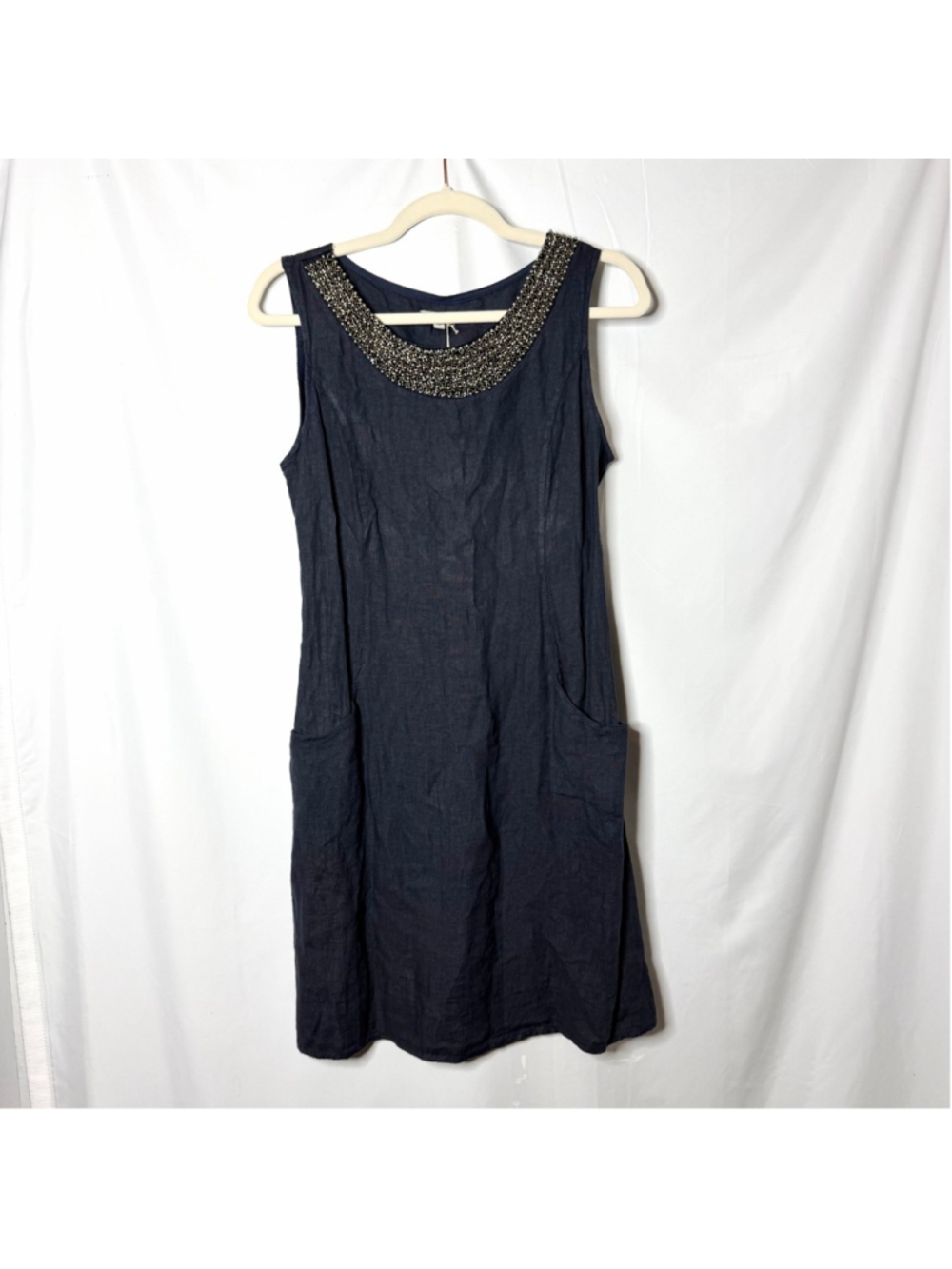 NEW with tags LINA TOMEI Navy Linen Beaded Neckline Dress Small